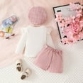 thumbnail image 4 of Hotiary Infant Baby Girl Party Skirt 3Pcs Outfit Toddler Ruffle Long Sleeve Bow Ribbed Shirt Top Mini Skirt with Beret Kids Cute Spring Summer Fall Birthday Clothes for 6M-3T Pink, 4 of 7