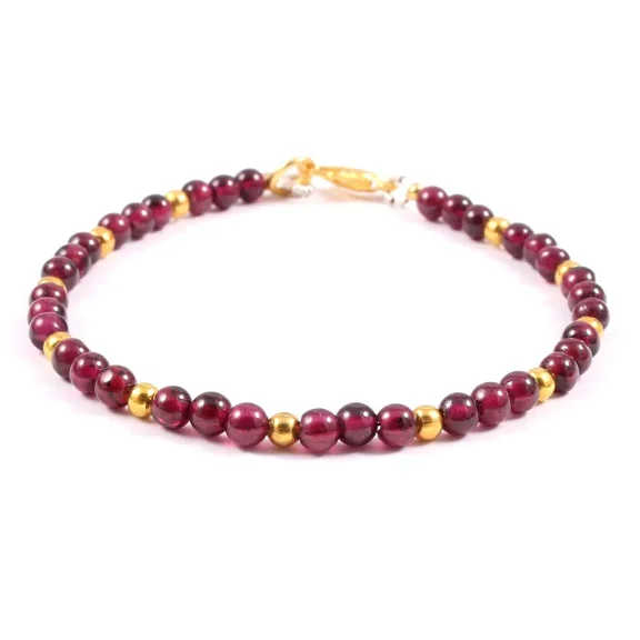 THE GEMS GRID Garnet Beads Bracelet Natural Garnet Rondelle Beads Bracelet Golden Pearls 4MM 7"