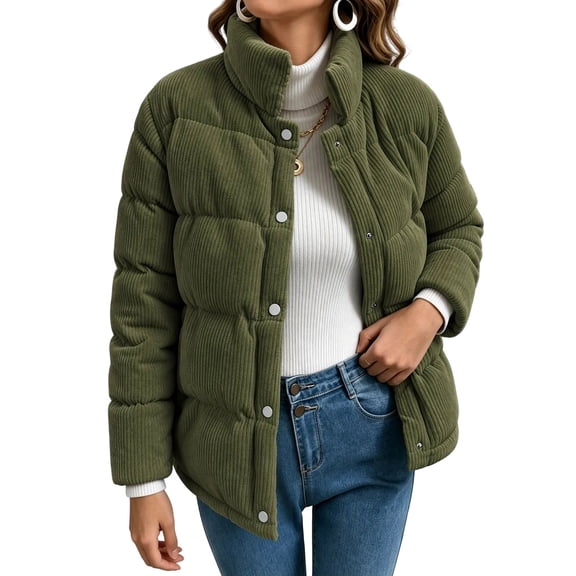 Staron Winter Jackets for Women Puffer Coat Corduroy High Neck Long Sleeve Button Down Casual Loose Warm Solid Outerwear, Army Green L