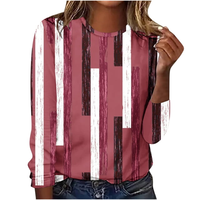 HKEJIAOI T-Shirts à Manches Longues en Polyester pour Femmes Imprimé Graphique Col Rond Blouses Habillées Décontractées Manches Longues