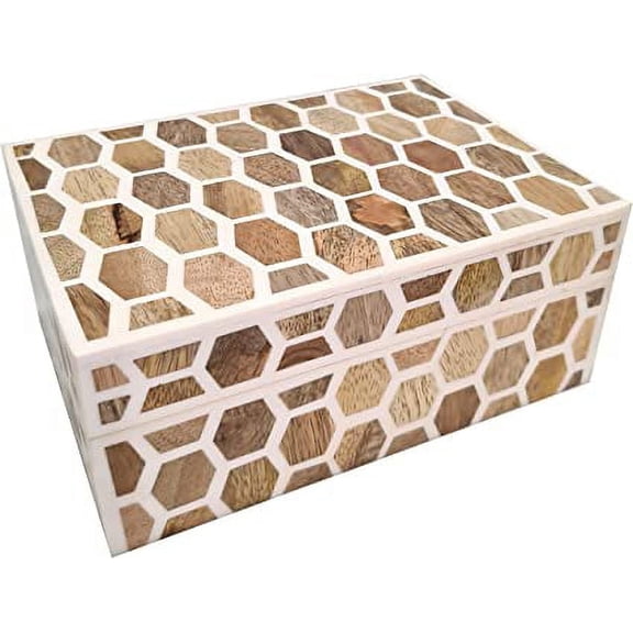 Handmade Multi Utility Honeycomb Pattern Bone Inlay Decorative Jewelry Box Housewarming Keepsake Storage Box