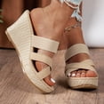 thumbnail image 4 of Rokment Womens Wedges High Heels Dress Slides Sandals Ladies Stylish Simple Denim Cross-Band Platform Chunky Heeled Slip on Summer Casual Height Increasing Dressy Slippers Beige Size 6.5, 4 of 6