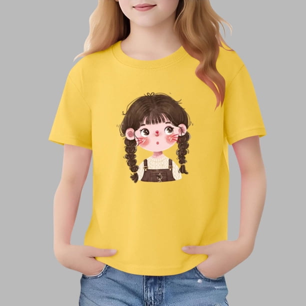 Blusas y camisas de manga corta con cuello redondo para niños Camiseta de verano de manga corta estampada para niñas Jersey elegante de cuello redondo para niños Top de algodón