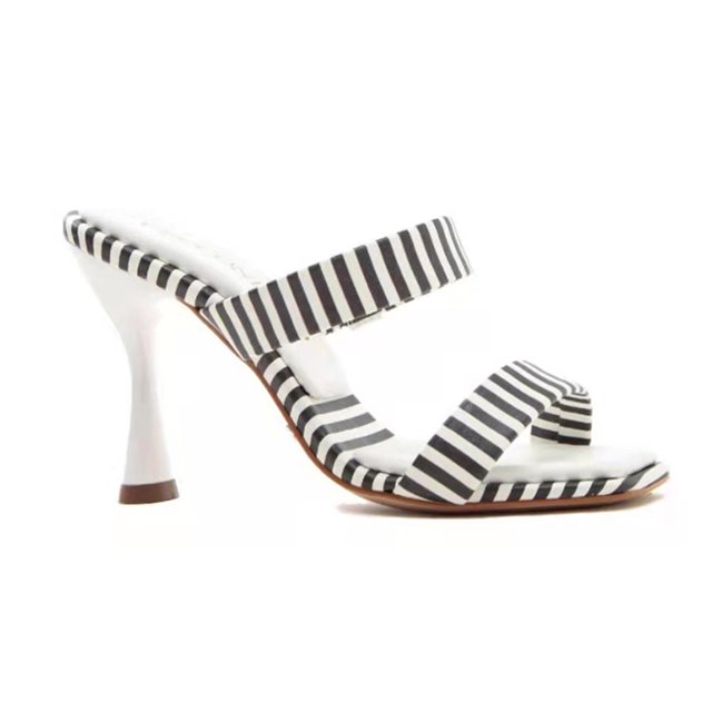 Ladies High Slim Heels Sandals with Strip Pattern Print Casual Square Peep Toe Shoes Summer Beach