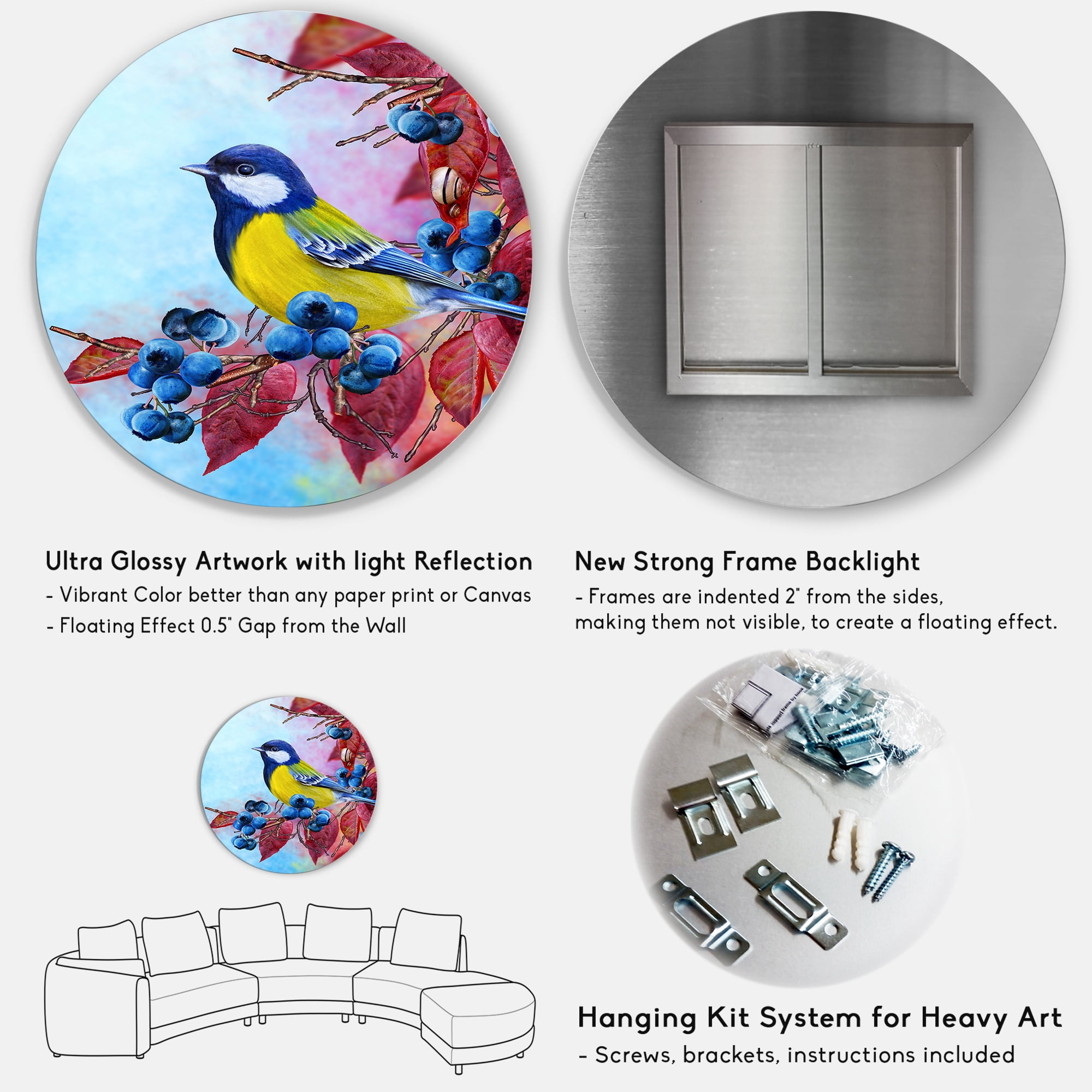 Designart 'Bright Bird Bullfinch Sitting On A Branch of Berries II' Traditional Circle Metal Wall Art 36x36 - Disc of 36