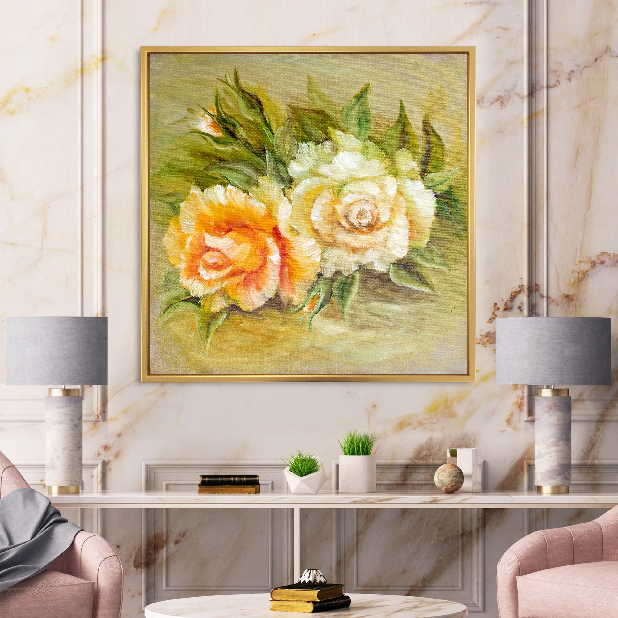 Designart 'Vintage Yellow and White Roses' Traditional Framed Canvas Wall Art Print