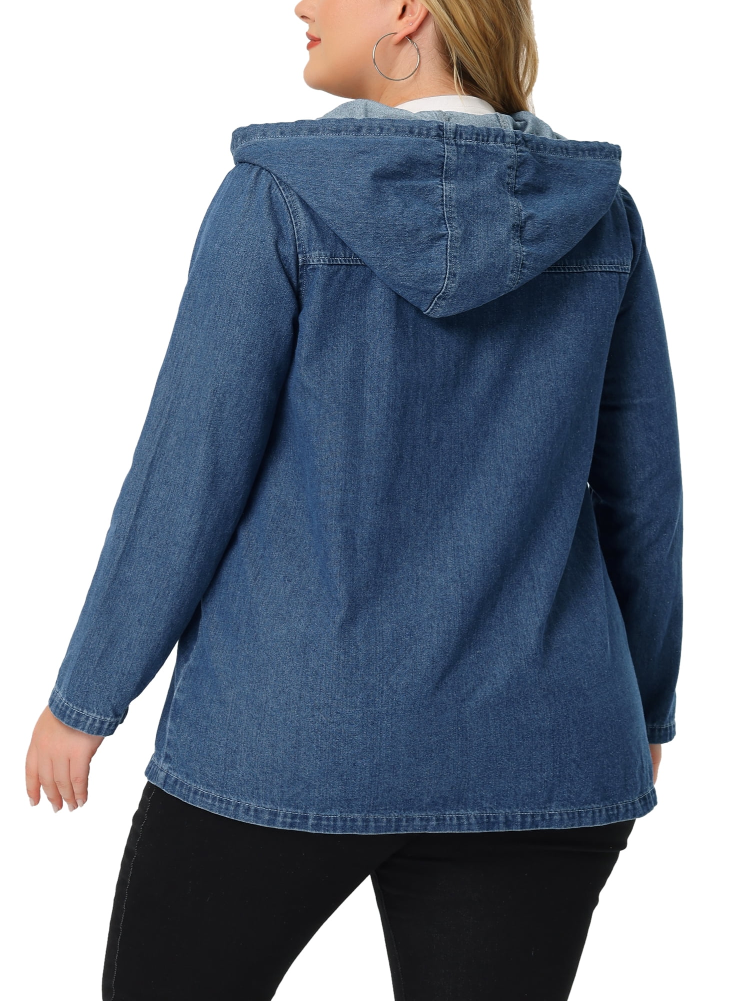 Unique Bargains Women's Plus Size Layered Drawstring Hood Denim Utility Jacket