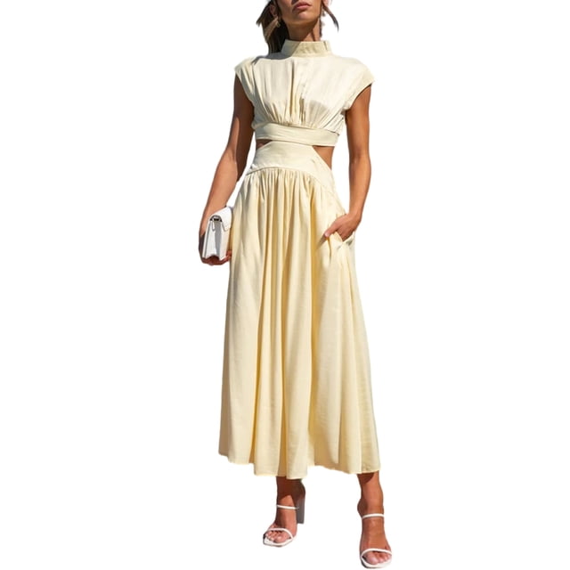 Innerwin Robe d'Été de Plage Col Montant Femmes Robes Longues Maxi Vacances Couleur Unie Décontractée Robe Débardeur Jaune Clair P