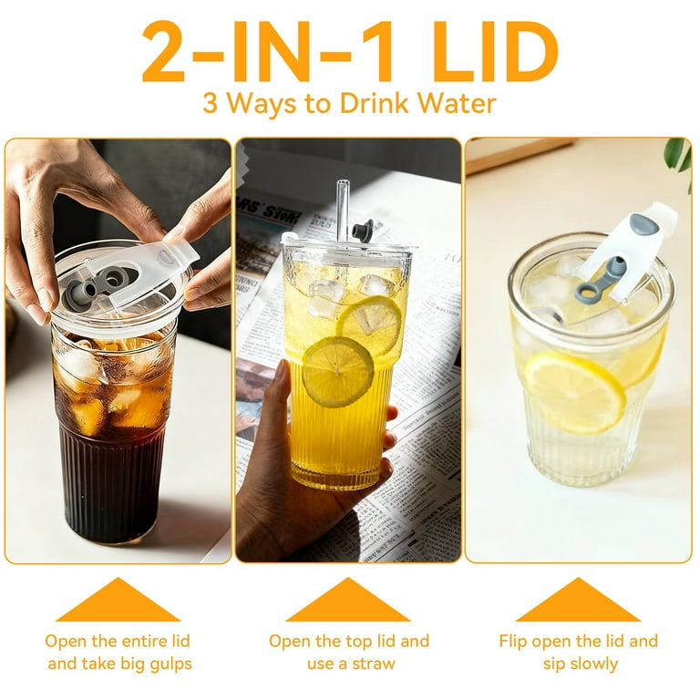2 Piece 20 oz Glass Cups with Lid and Straw,High Borosilicate Tumbler, Iced  Coffee Cup, Beer Glasses,Water Smoothie,Clear