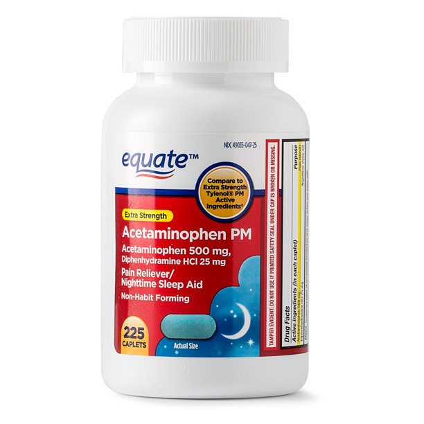 Equate Extra Strength Acetaminophen Pm Caplets Pain Reliever And Nighttime Sleep Aid 225 Count Walmart Com Walmart Com