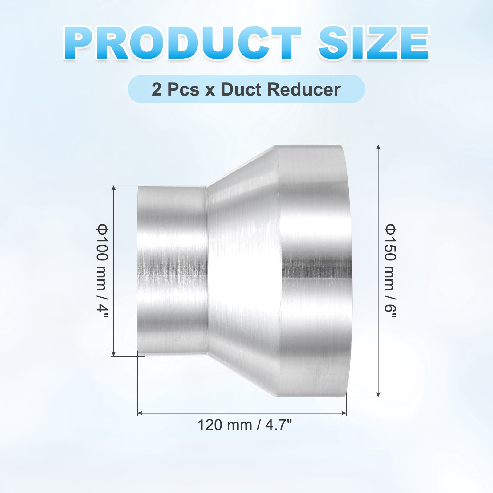 Uxcell 2 Pcs Duct Reducer (6'' to 4'') - Aluminum Alloy Air Ducting Reducer Increaser Round Metal Duct Adapter Inline HAVC Pipe Fitting for Exhaust Fan/Blower/Ventilation Systems, Silver
