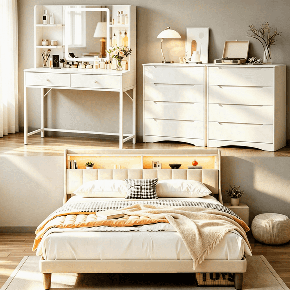 Bedroom Furniture Set,Lofka Queen Bed Frame, 2 Wood 4 Drawer Dressers &Vanity Desk with Table, Mirror and Lights for Large Bedrooms
