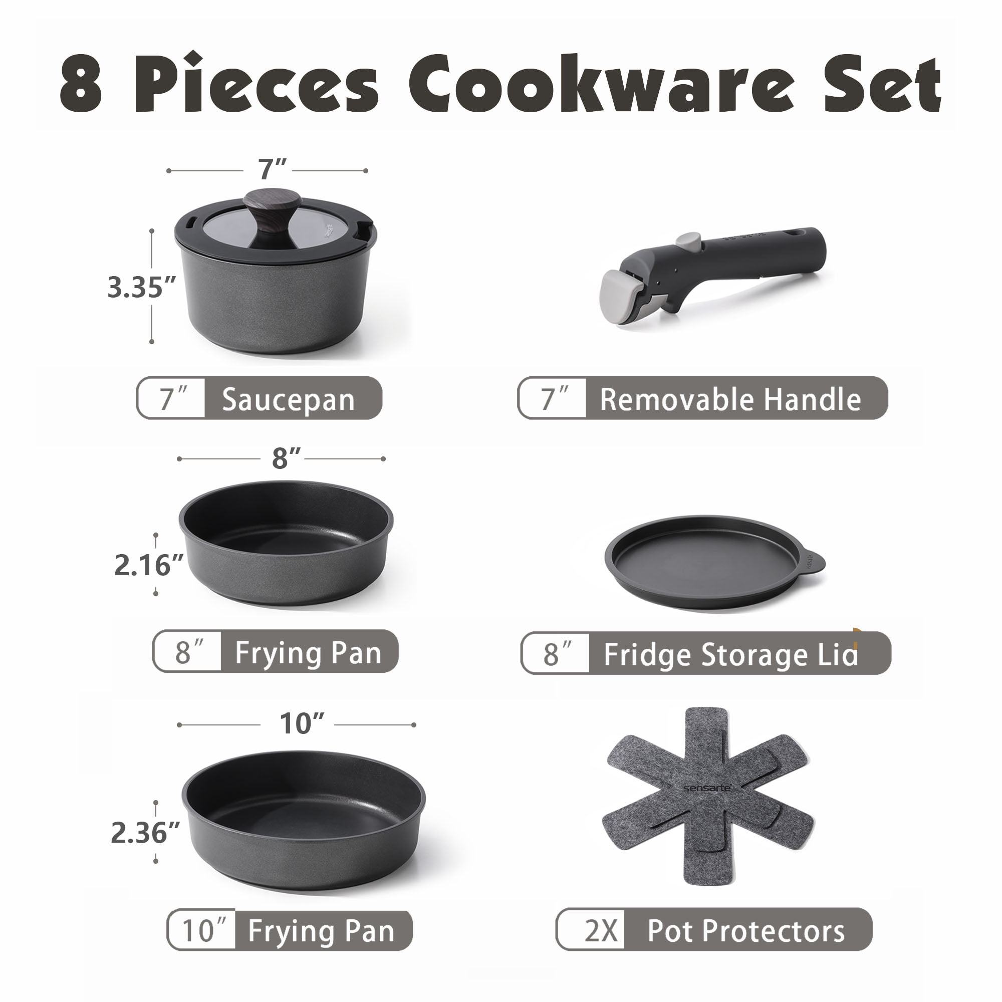 SENSARTE 8-Piece Nonstick Pots and Pans Set with Removable Handle, Black Healthy Cookware Sets, Induction Compatible, Dishwasher/Oven Safe, Healthy Cooking Set for RV & Camping