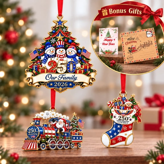 250th Anniversary Christmas Ornaments 2026, 3PCS 3D Metal USA Patriotic Ornaments, America 1776-2026 Red White Blue Tree Decor