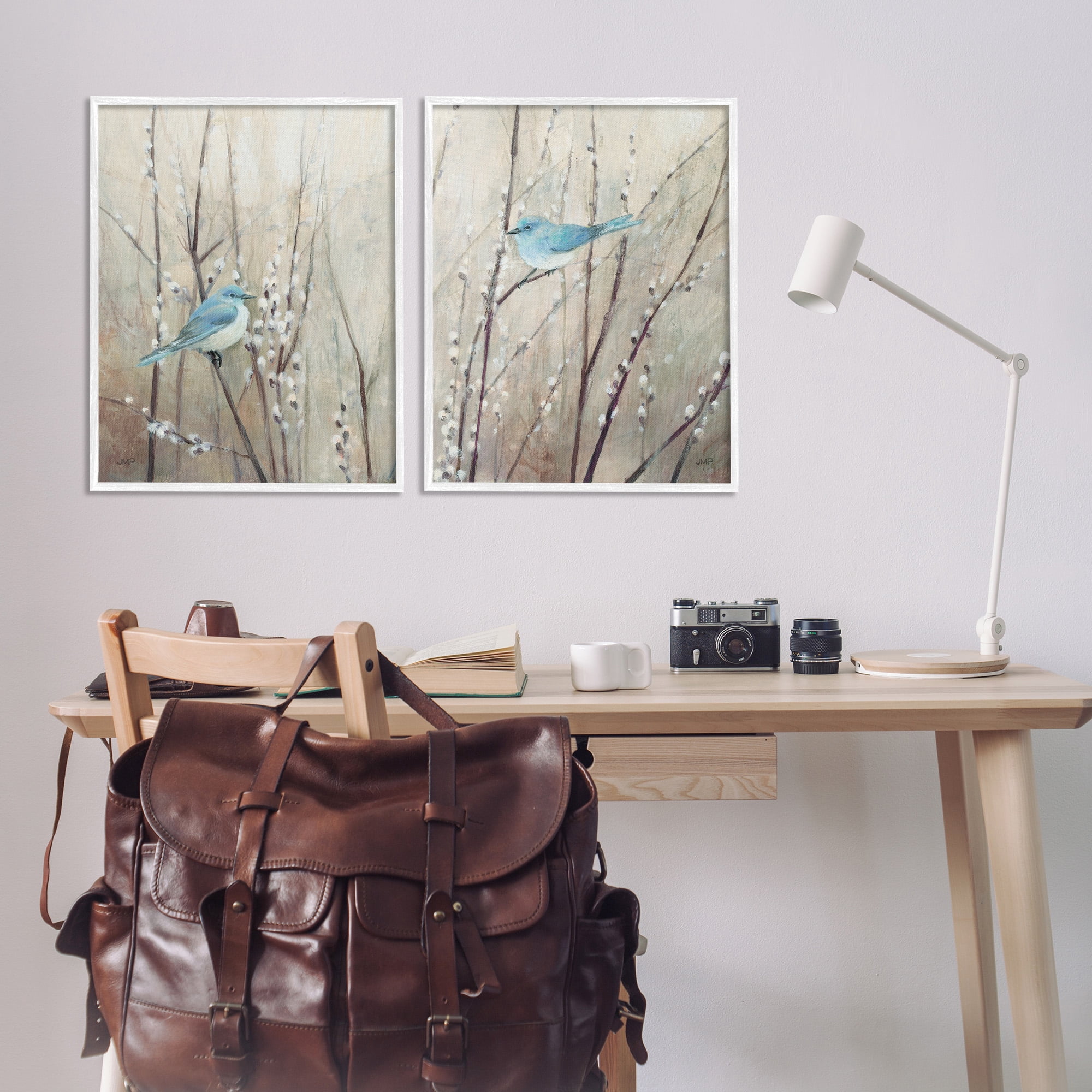 Stupell Industries Peaceful Perched Blue Birds Animals & Insects Painting White Framed Art Print Wall Art, 24 x 30, Set of 2