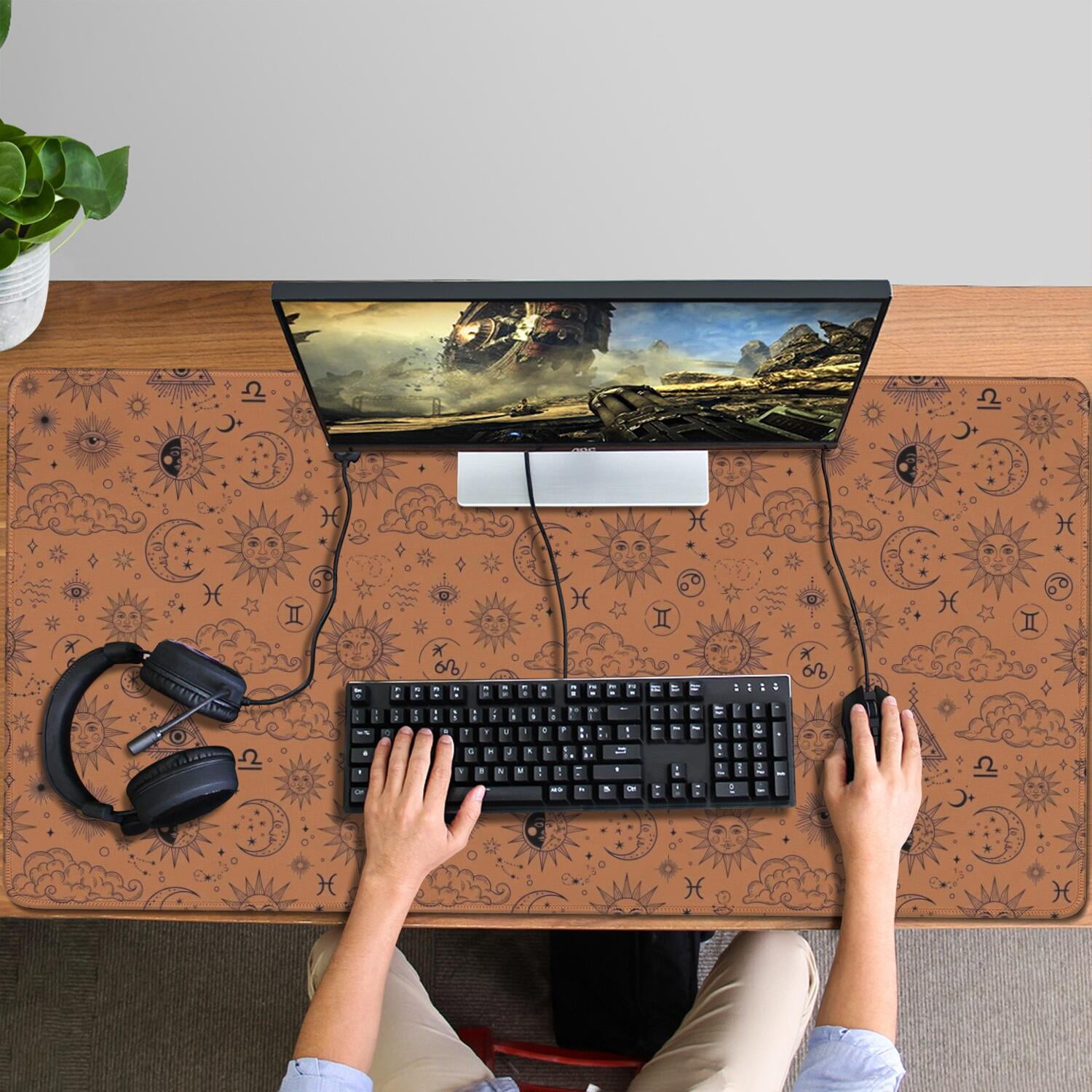 Long Mouse Pads for Desk,Orange Occult Pattern Desk Mats on Top Of Desks, Desk Mouse Pad Extra Large with 3mm Non-Slip Base and Stitched Edge for Gaming,Office,Work,Home 47.3"x23.6"