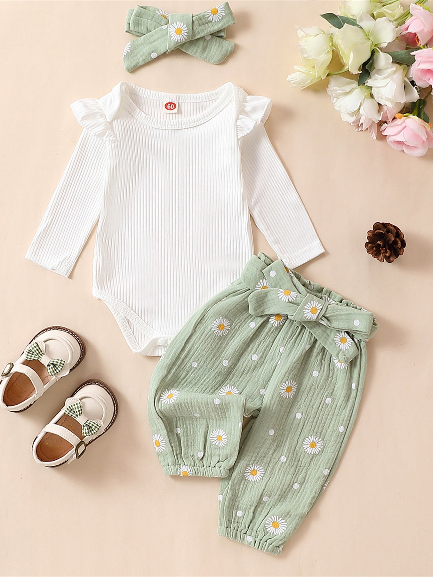 3pcs Baby Girl Letter Print Pink Ribbed Daisy Design Mesh Long-sleeve Romper and Flared Pants Set