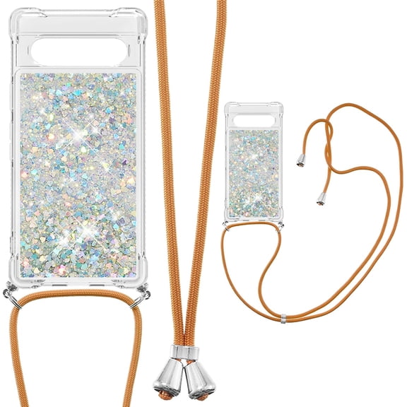 Glitter Case for Google Pixel 7A with Adjustable Lanyard Neck Strap, Sparkle Transparent Quicksand Waterfall Soft TPU Liquid Cover for Google Pixel 7A LSGS-Silver
