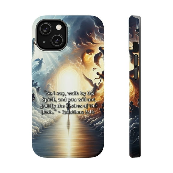 DistinctInk Tough Case for Apple iPhone 15 (6.1" Screen), Compatible with MagSafe Charging - "Galatians 5:16 - Walk by the Spirit for Freedom"