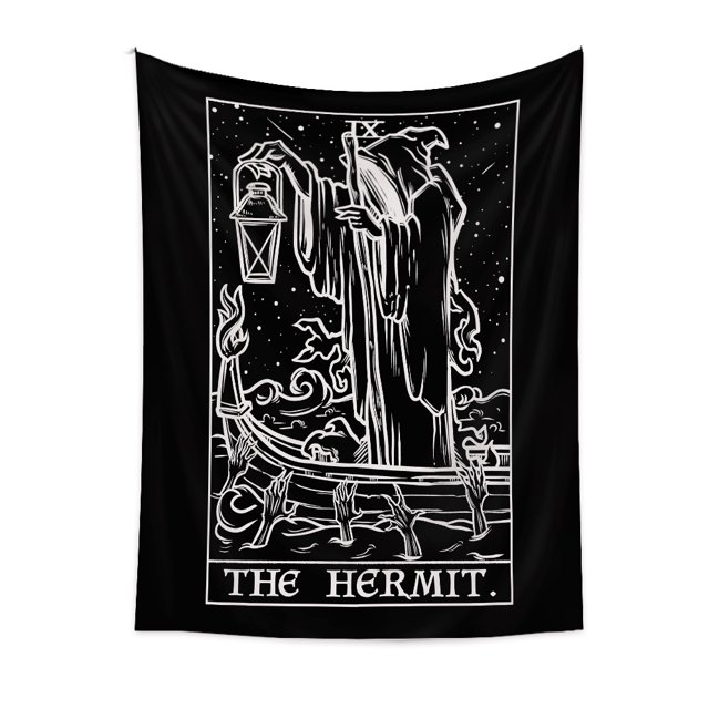 Tapiz de cartas del Tarot del ermitaño (blanco y negro) - Grim Reaper - Decoración gótica del hogar de Halloween para colgar en la pared (73x 95 CM)
