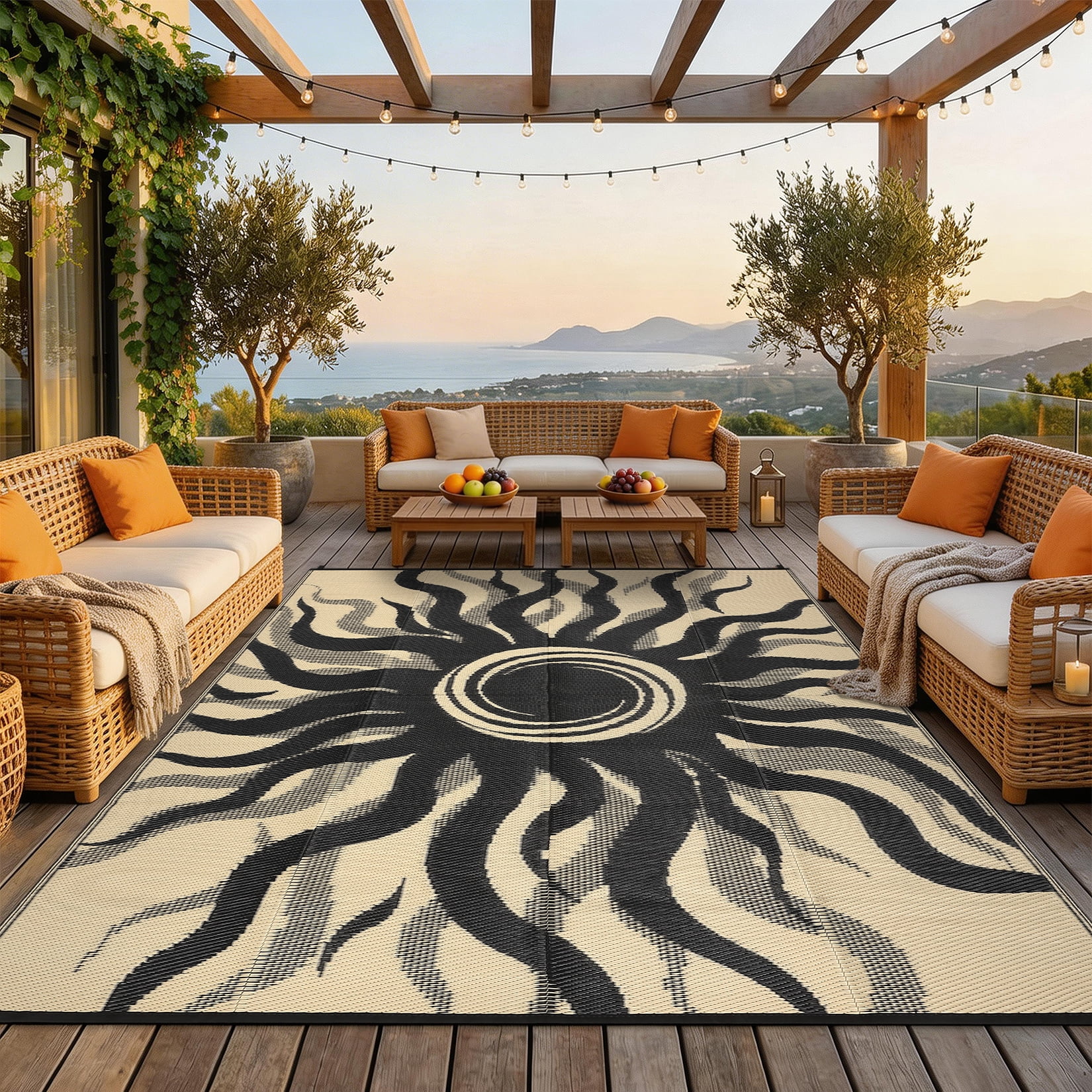 Garvee 9x12ft Outdoor Rug Waterproof Reversible Plastic Straw Rug, Modern Boho Sun Pattern Rug, Large RV Camping Mat Portable Outdoor Carpet for Patio, Balcony, Picnic, Beach, Deck, Black/Coffee