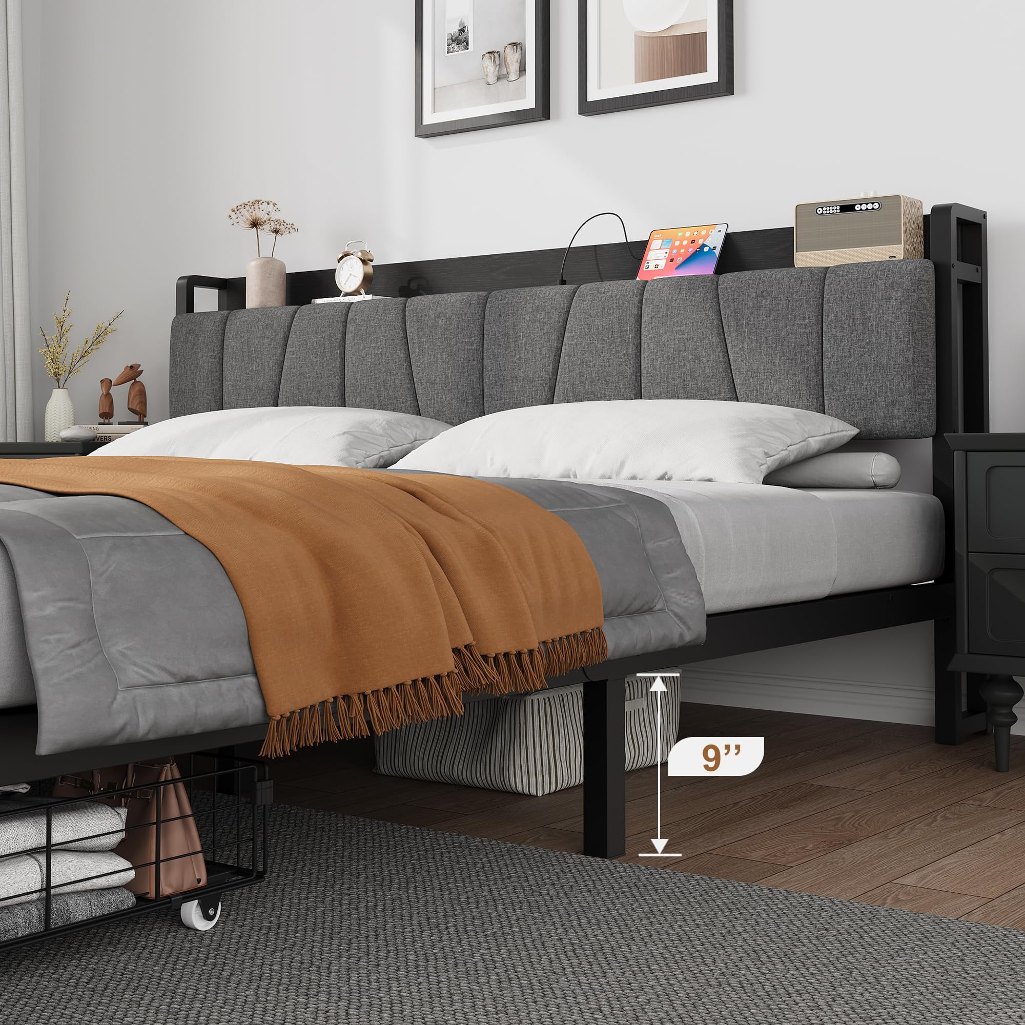 Queen Size Bed Frame with Storage Headboard, Black Queen Platform Bed with 2 Large Drawers and Charging Station, No Box Spring Needed Bedframe