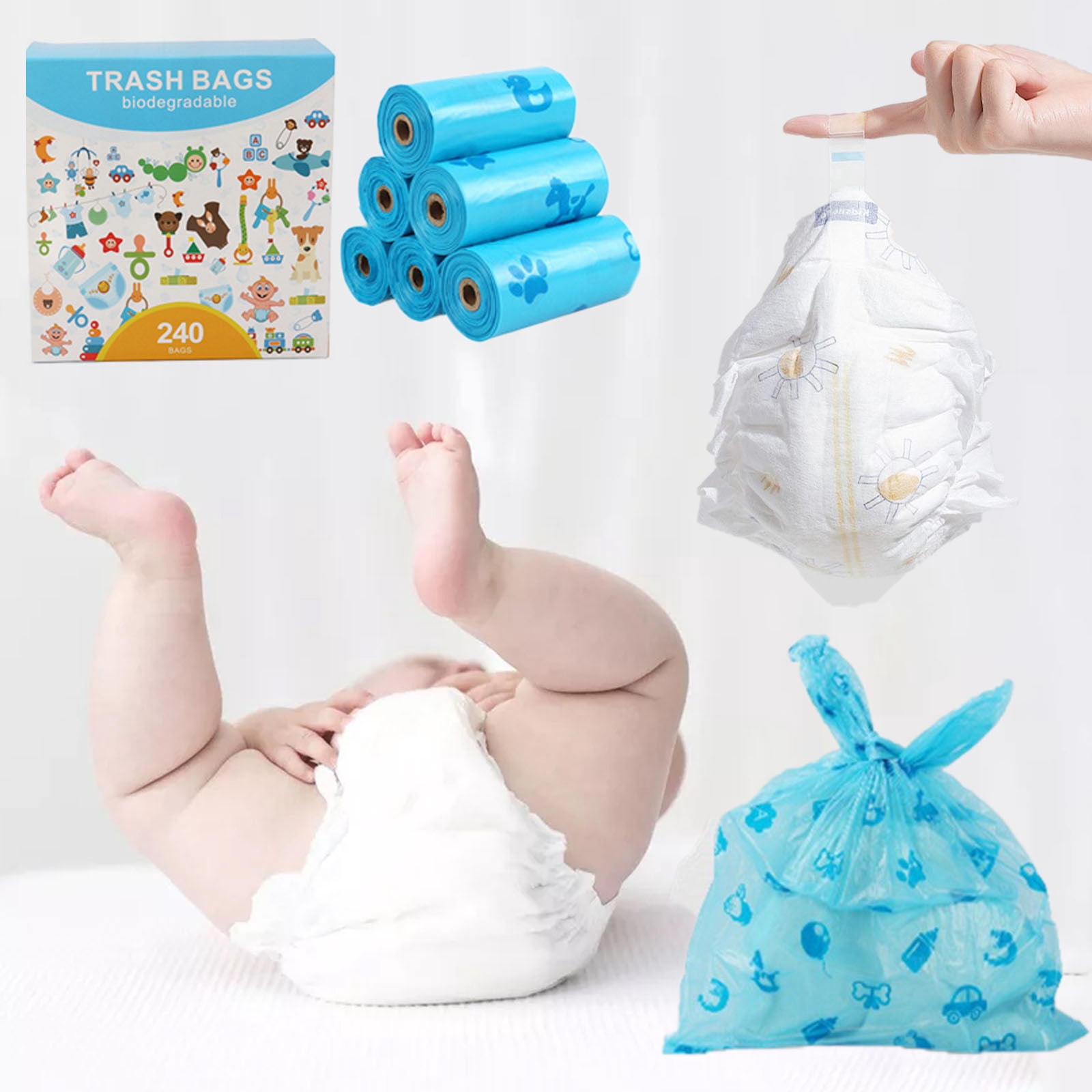 Compostable Bags 12 Roll EPI Degradable - Diaper Food Waste Bags with Dispenser Blue Floral Print - A