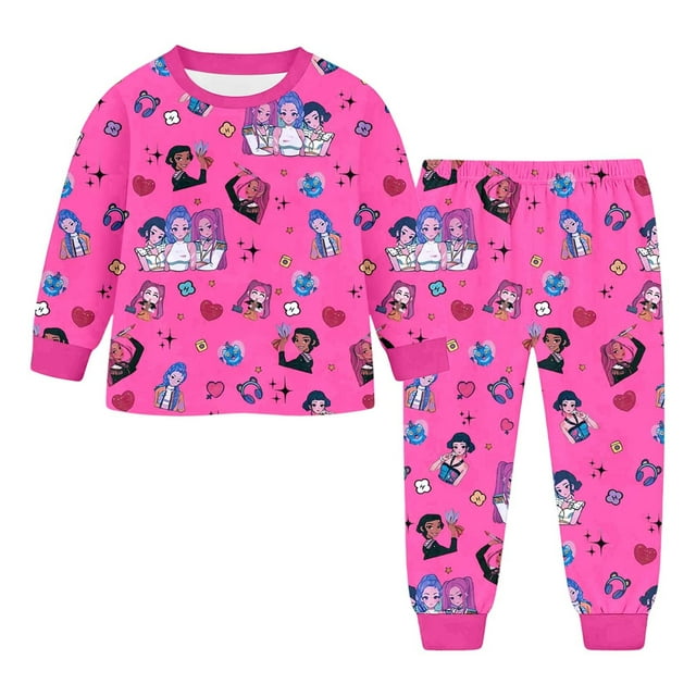 LIUJUNSHO Kidcore Hit! W-i-tch Hunt K-pop Print Kids Pajama Set, Long Sleeve Fun Design 12-Hot Pink 9-10 Years