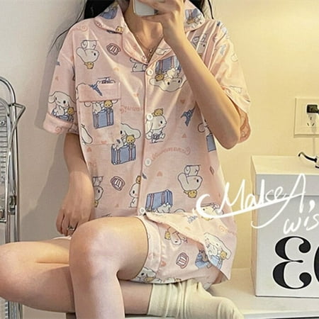 

Sanrio Hello Kitty Cinnamoroll Pajamas New Summer T Shirt Shorts 2Pcs Homewear Kawaii Casual Polyester Soft Women Sleepwear Set