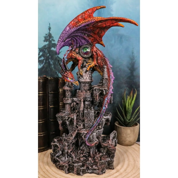 Red Behemoth Dragon Protecting Castle With Precious Gemstone Figurine 12.5"H