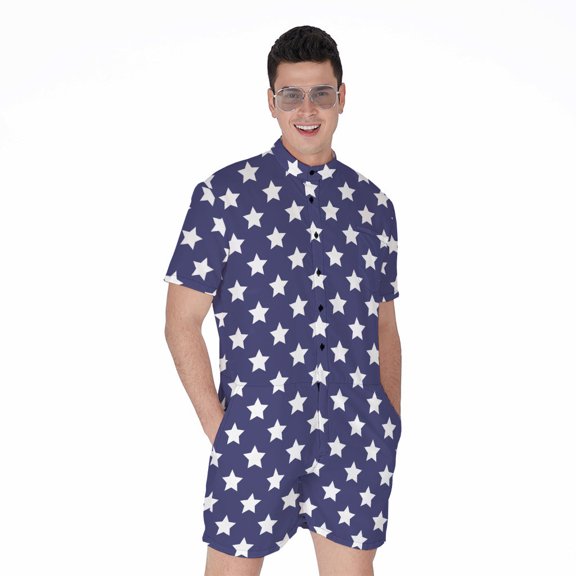 Blue And White Usa Star Pattern Short Sleeve Men'S Rompers, American Flag Casual Summer Jumpsuits Outfit. Gifts For Us Independence Day, 4Th Of July