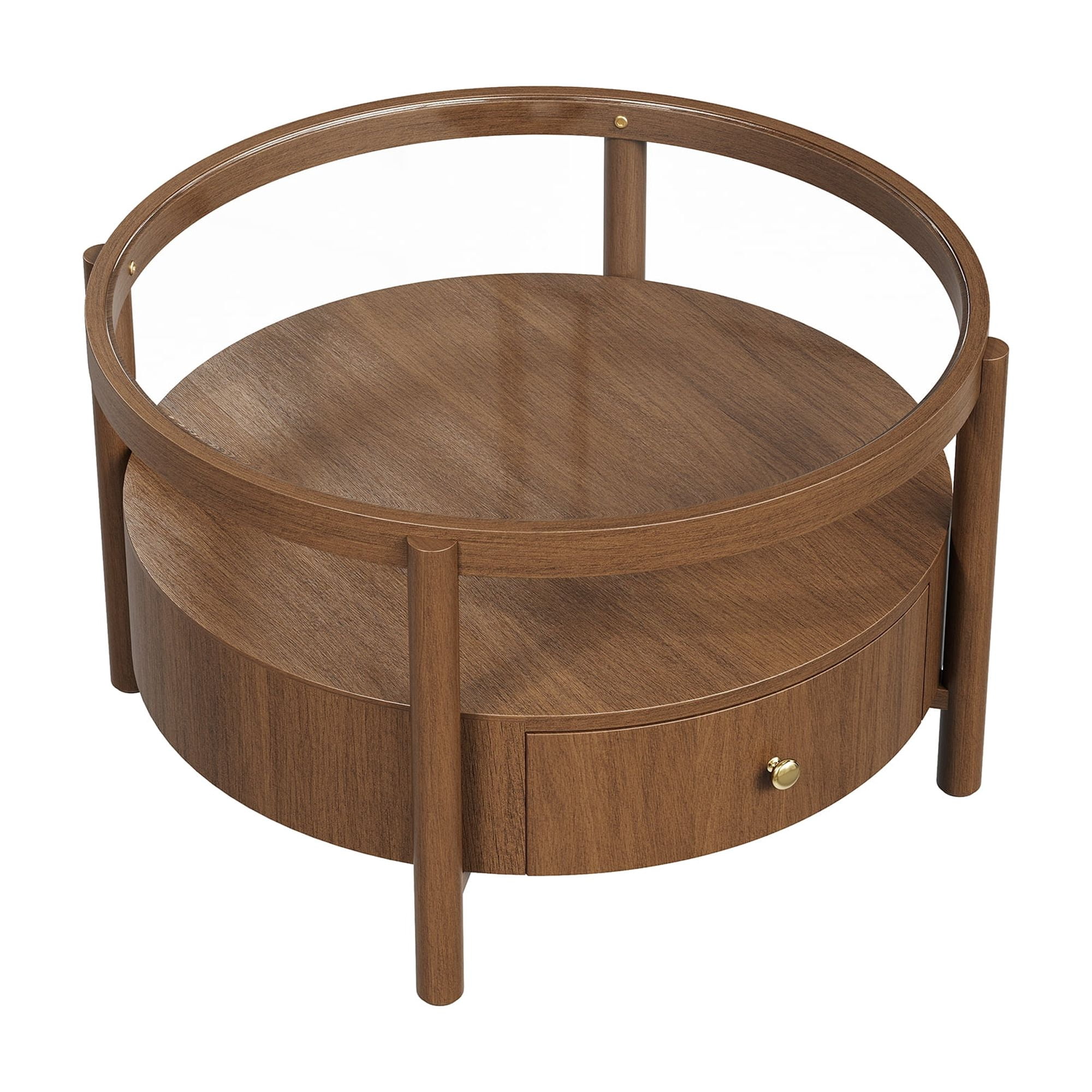 29.5-Inch Round Glass Top Coffee Table with Storage Drawer and 2-Tier Design, Mid-Century Modern Center Table and Cocktail Table for Living Room, Walnut