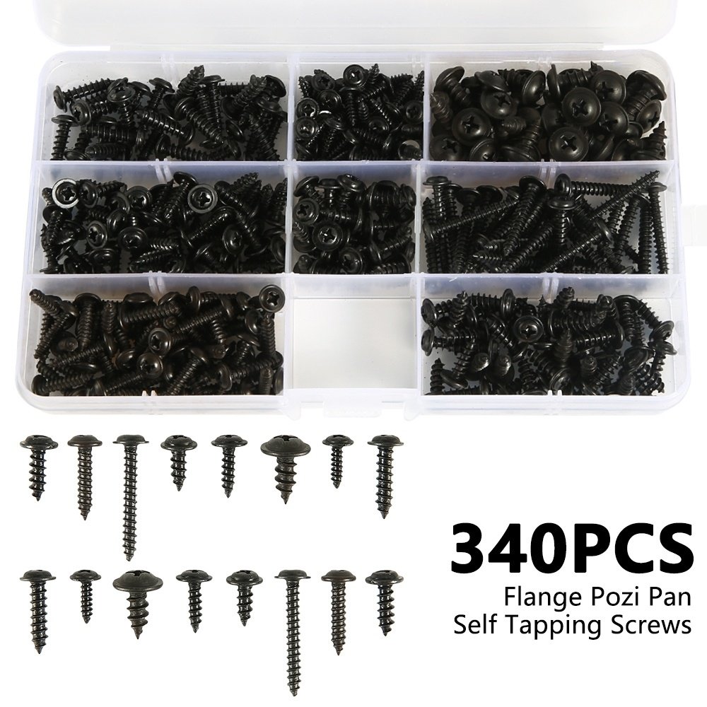 340Pcs Flange Self Tapping Screws, Bolt Cross Head Black Assorted Set