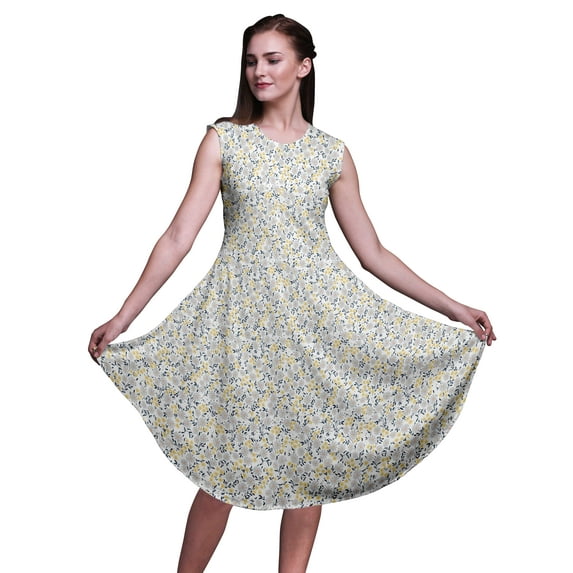 Bimba White Leaves & Night Jasmine Floral Printed Ladies Sleeveless Round Neck Summer Dress Casual Wear-X-Small