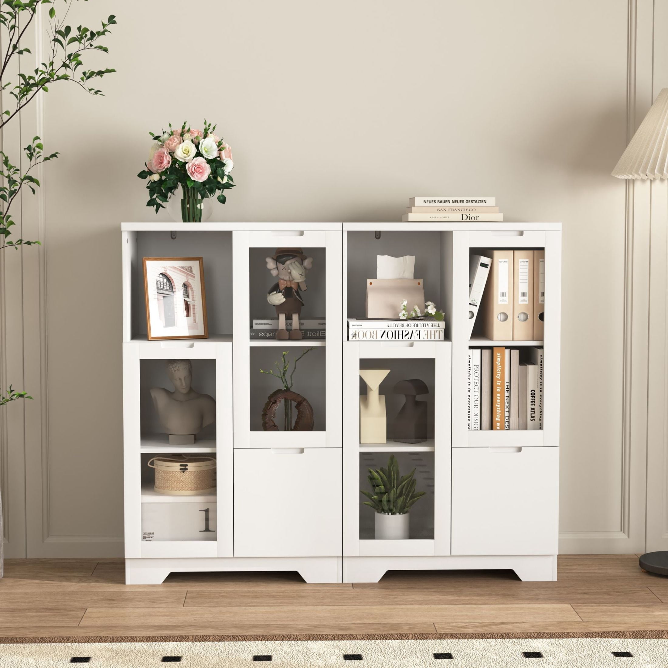 Noble House Storage Cabinet with Glass Doors and Drawer, Adjustable Shelves, White