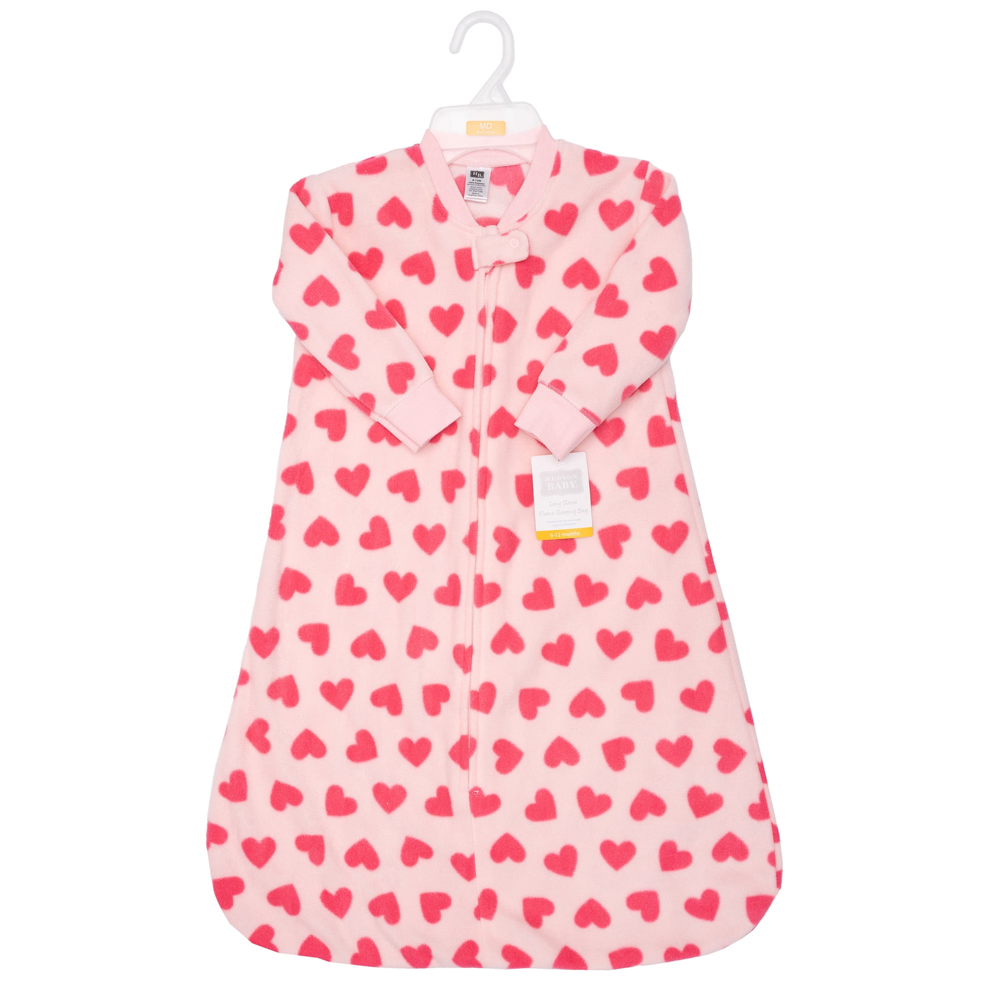 Hudson Baby Infant Girls Long-Sleeve Fleece Sleeping Bag, Bright Pink Hearts, 12-18 Months