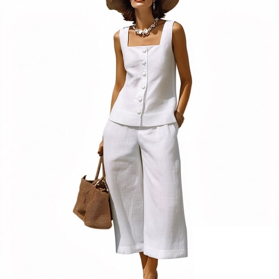 ibuvkizy Womens Two Piece Sets Linen Square Neck Sleeveless Button Front Tank Tops and High Waist Wide Leg Cropped Capri Pants with Pockets,Coastal Minimal Vacation Matching Outfits Sets
