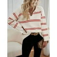 thumbnail image 2 of Women'S Casual Striped Long Sleeve V Neck Lightweights Pullover Sweater Loose Fit Drop Shoulder Knitted Shirt Tops Red S, 2 of 8