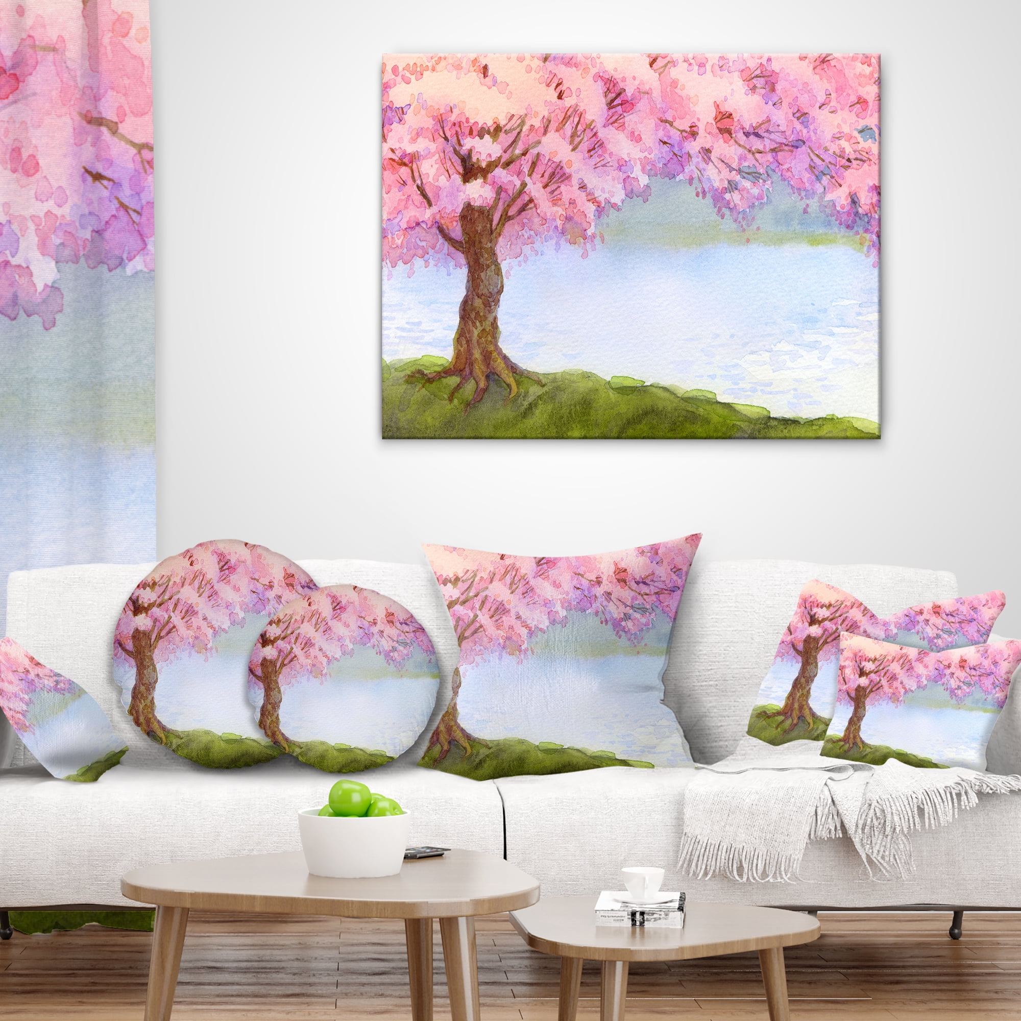 Designart Flowering Pink Tree by Lake - Floral Throw Pillow - 16x16