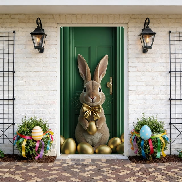 Yhmxh Guirnalda de Pascua para puerta, Guirnalda de Feliz Pascua para porche, Guirnalda de conejo para porche, Letrero de bienvenida, Decoración para puerta principal, Huevos de Pascua colgantes de