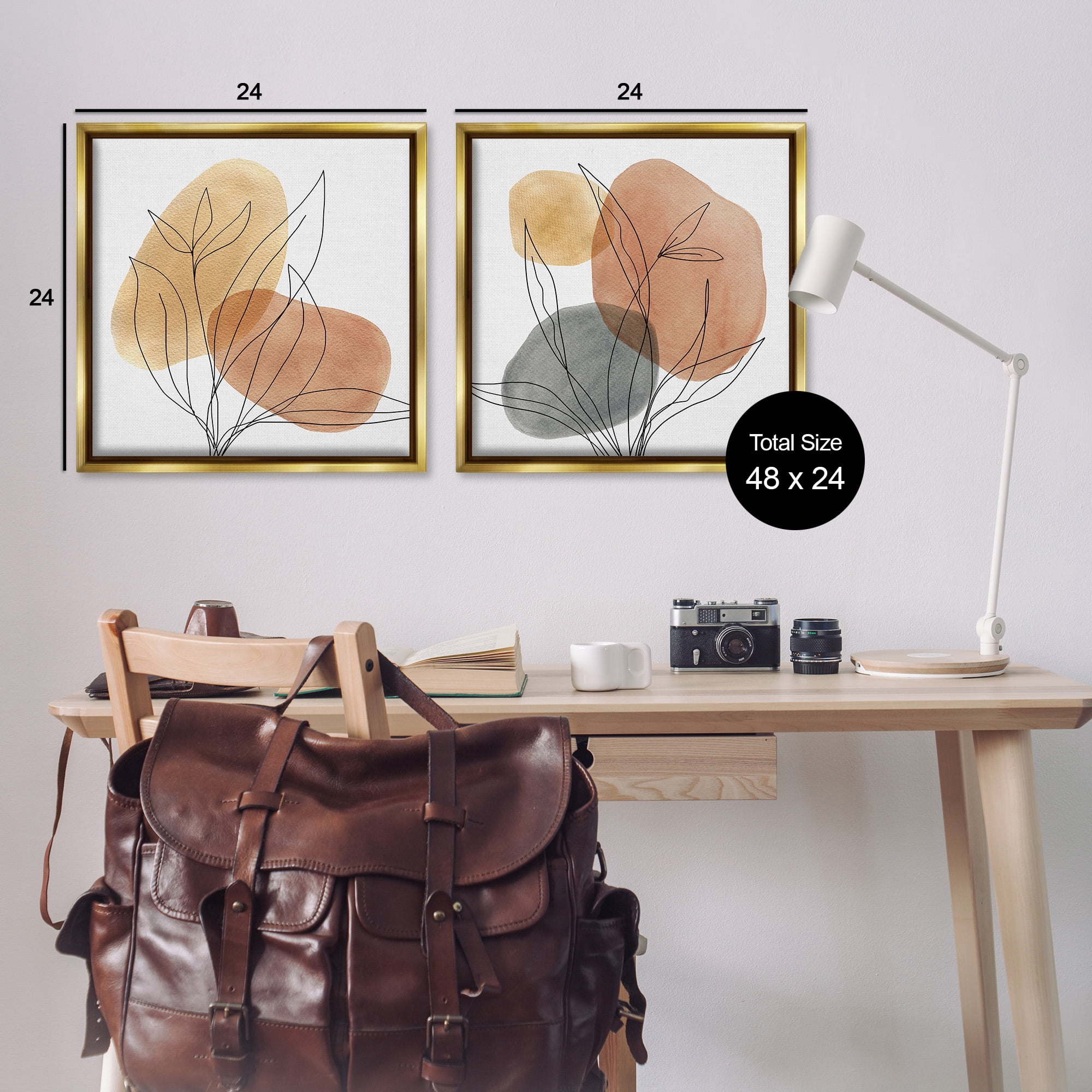 Stupell Industries Simple Neutral Southwestern Botanicals Abstract Painting Gold Floater Framed Canvas Art Print Wall Art, 25 x 25, Set of 2