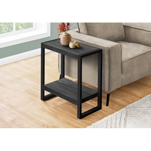 Knubmt Metal Frame Side Table End Table with Bottom Shelf, Rectangle Wood Nightstand for Living Room, Bedroom, Black