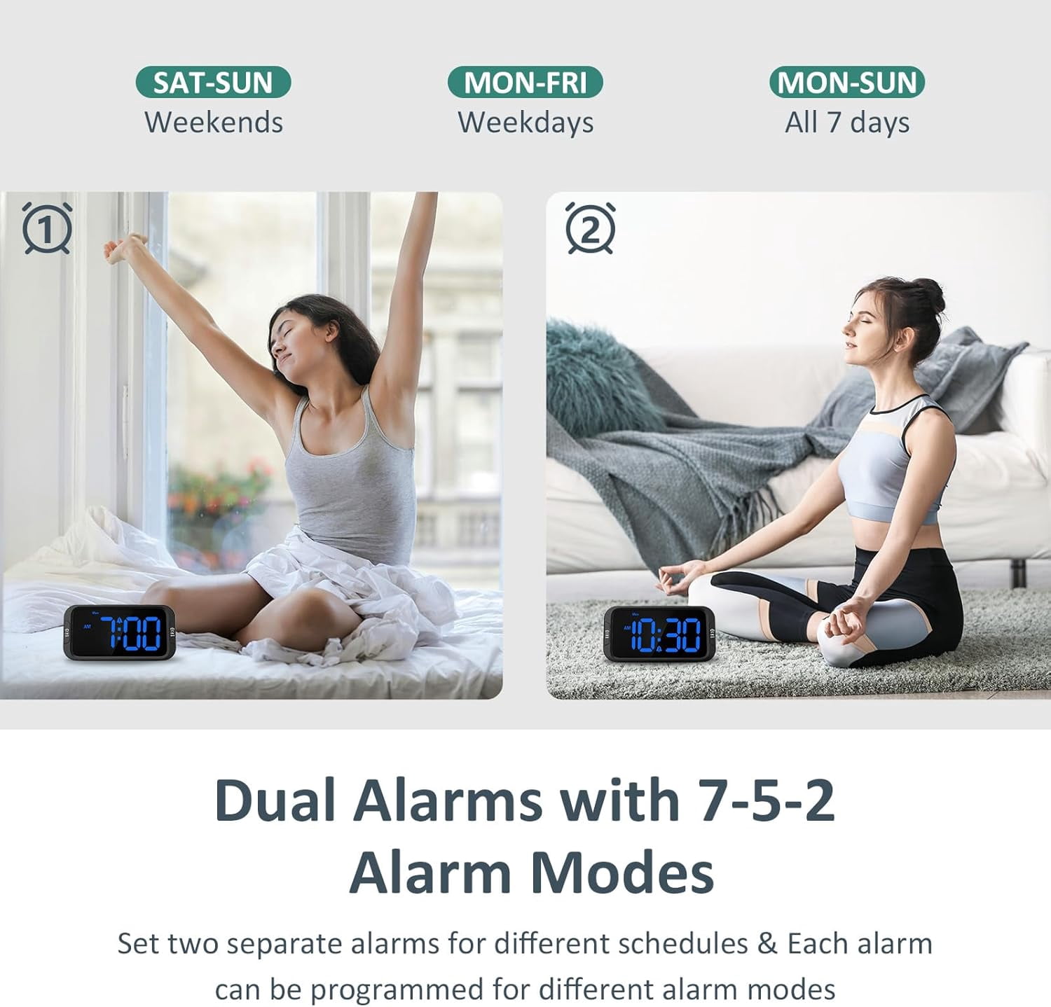 Digital Dual Alarm Clock for Bedroom, Easy to Set, 0-100% Dimmer, USB Charr, 5 Sounds Adjustable Volume, Weekday/Weekend Mode, Snooze, 12/24Hr, Battery Backup, Compact for Bedside(Blue)