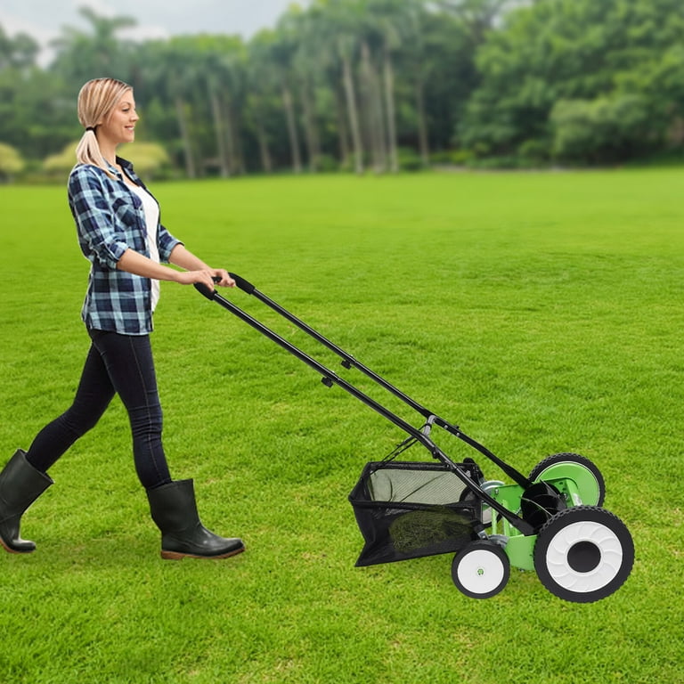 Aiqidi 16inch Push Cordless Lawn Mower 5-Blade Adjustable Manual Reel Lawn  Mower w/Grass Catcher(Green) 