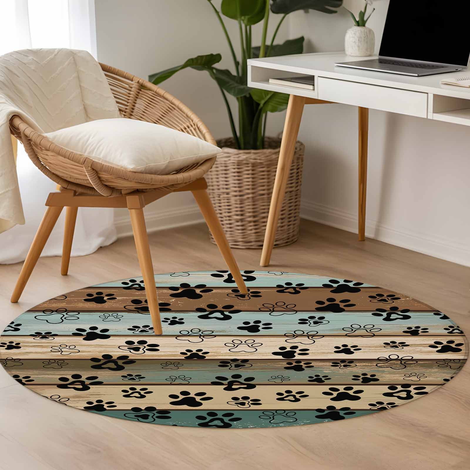 Dog Paws Printed Round Rugs 3ft, Vintage Teal Brown Wooden Farmhouse Non Slip Washable Rug Runner, Low Pile Indoor Floor Carpet Mat Bathroom Rugs for Living Room, Bedroom, Kids Room
