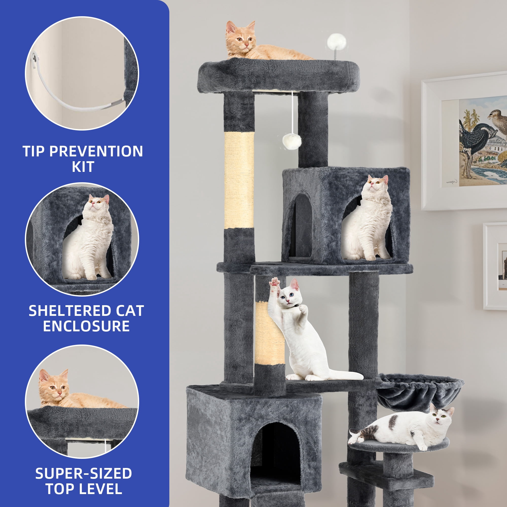 ModFusion Deluxe Multi-Level Cat Tree Tower with Scratching Posts, Hammock, and Condos - 70.8" Tall, Dark Gray