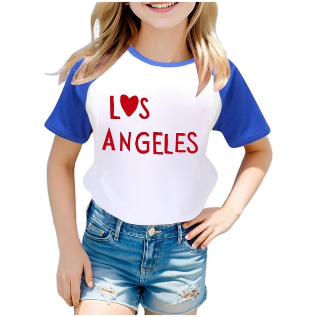 WEIYLL T-Shirts pour Fille Imprimé Lettre Raglan Manches Courtes Été Doux Décontracté pour 9-10 Ans