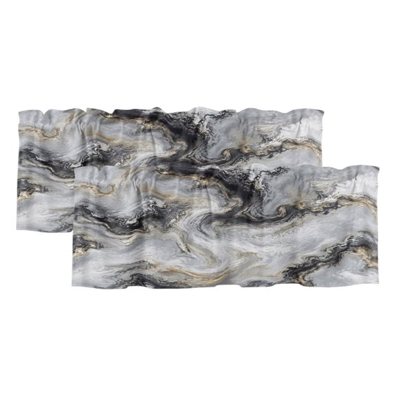 2 Pack Valances for Windows 42 x 18 Inch, Blue Grey Marble Decorative Kitchen Curtain Valance, Modern Abstract Art Ink Painting Rod Pocket Short Curtains Window Treatment for Bathroom/Cafe