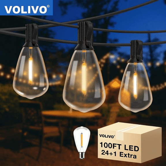 VOLIVO 100FT Outdoor String Lights, 24 ST38 Edison Vintage Shatterproof Bulbs, Waterproof Hanging Lights, Connectable & Dimmable for Yard, Patio