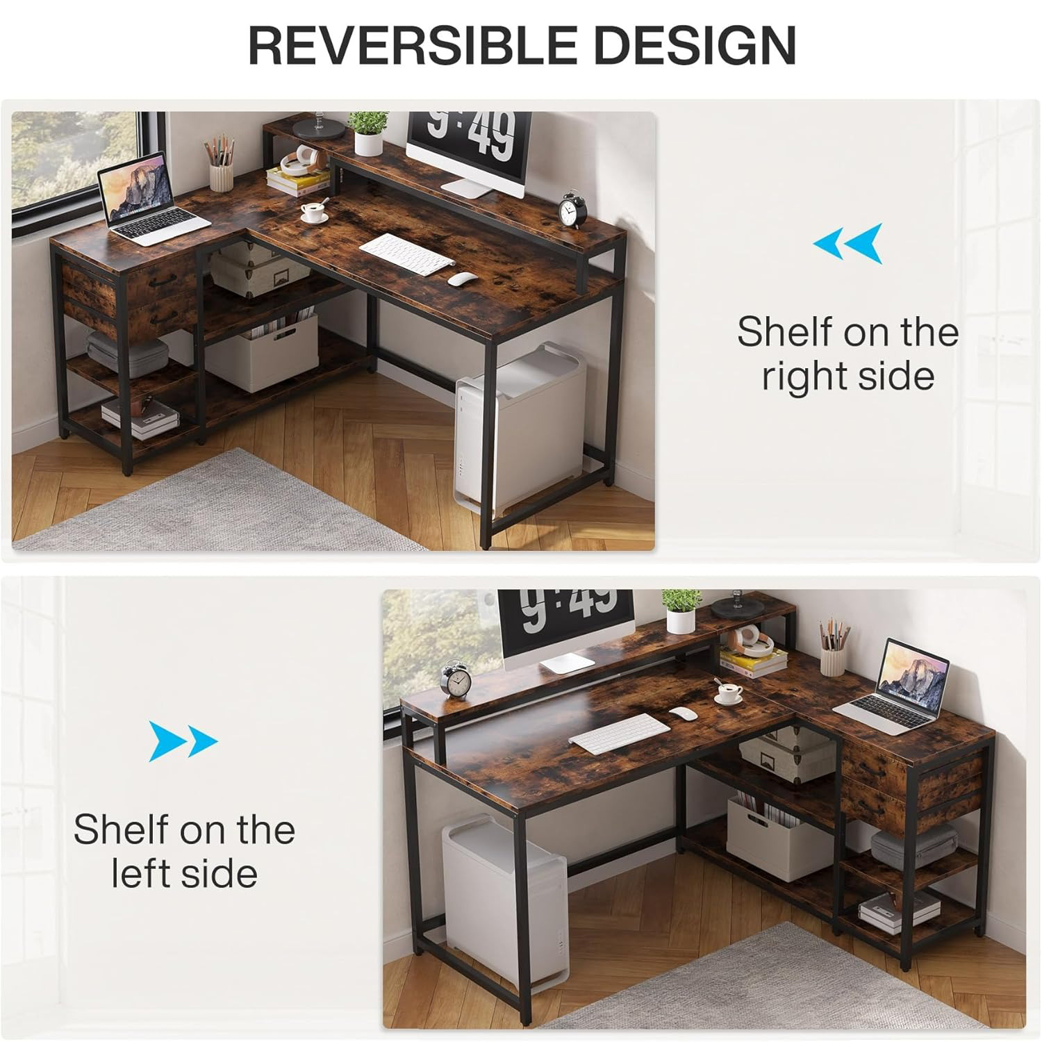 55" x 24" L Shaped Corner Desk With Drawers, Storage Shelves & Monitor Stand, Rustic Brown Home Office Gaming Study Computer Table For Small Space